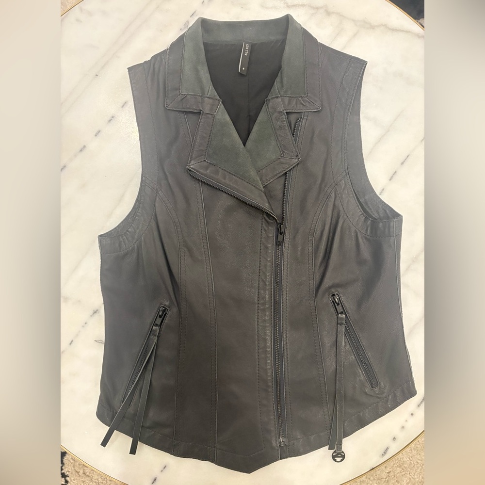 Kill City Charcoal Gray Genuine Leather & Suede Moto Vest - Size M